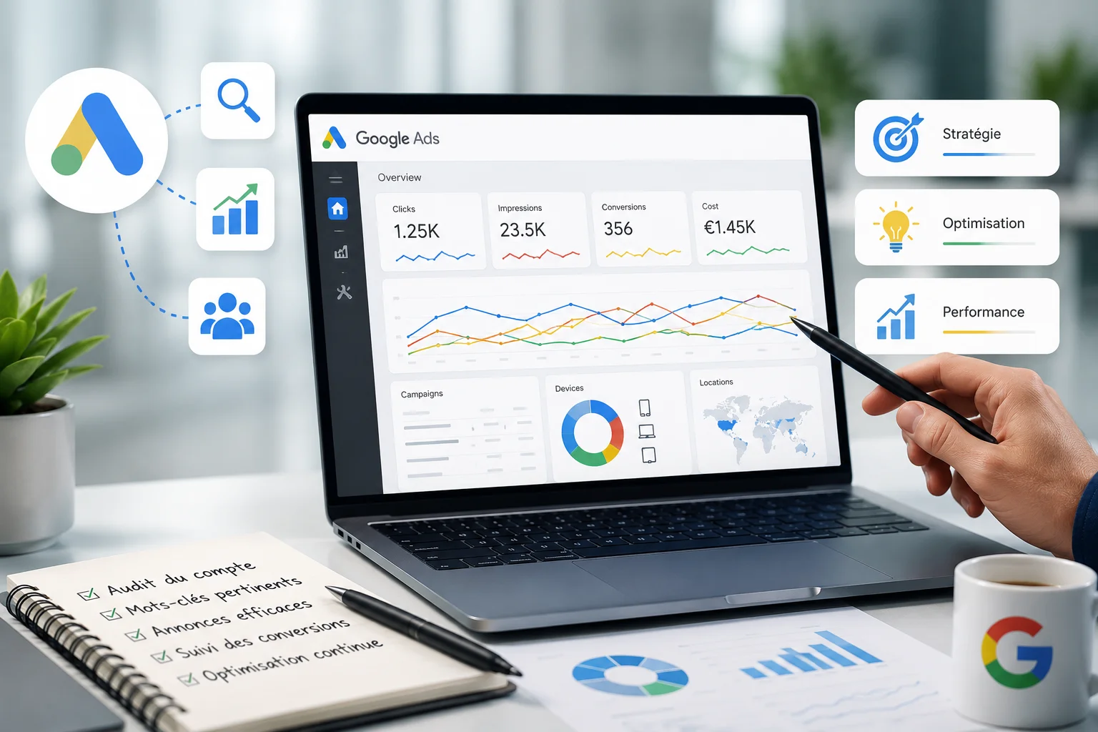 Tableau de bord Google Ads avec suivi de la stratégie, de l'optimisation et de la performance